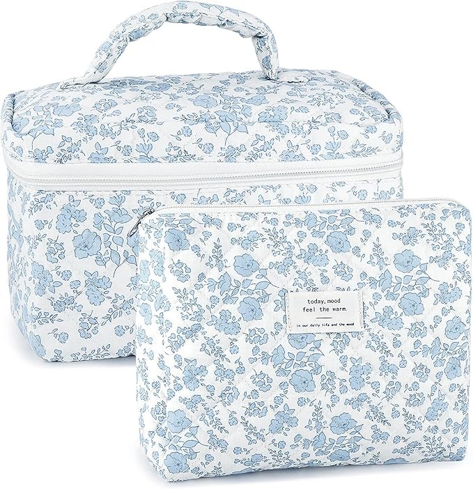 URSKYTOUS 2Pcs Cotton Quilted Makeup Bag for Women Extra Large Small Travel Cosmetic Bag Set Cute Blue Floral Print Makeup Pouch Portable Toiletry Bag Organizer Coquette Vintage Puffy Travel Essential