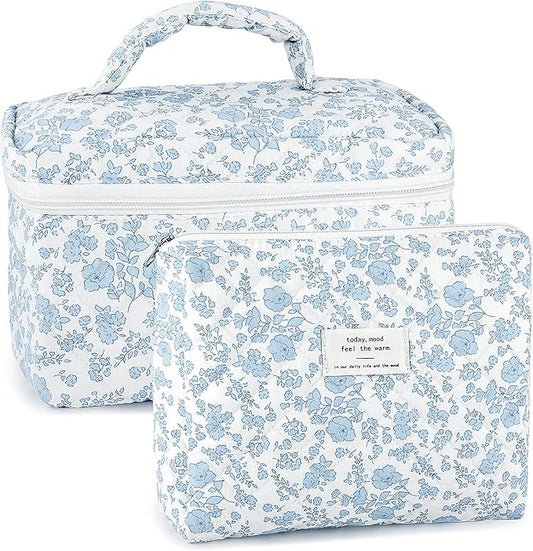 URSKYTOUS 2Pcs Cotton Quilted Makeup Bag for Women Extra Large Small Travel Cosmetic Bag Set Cute Blue Floral Print Makeup Pouch Portable Toiletry Bag Organizer Coquette Vintage Puffy Travel Essential