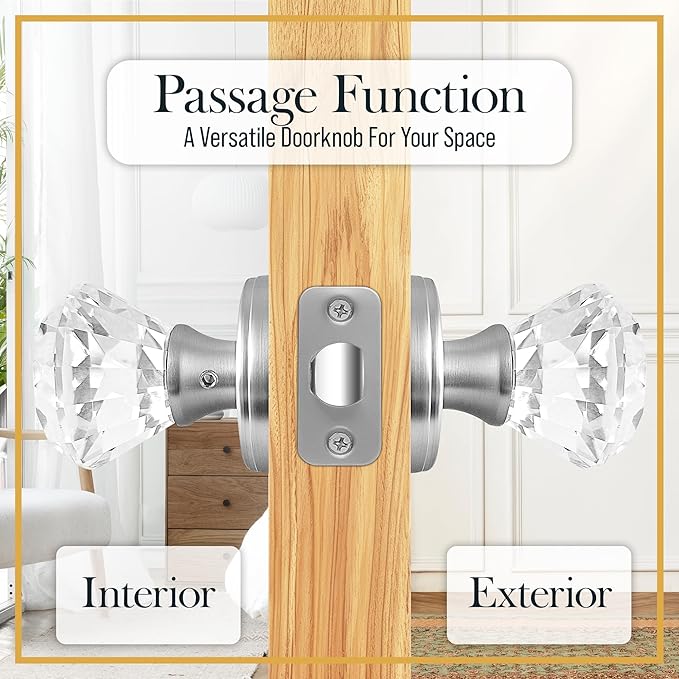 Silver Crystal Door Knob, Glass Door Knobs Interior Non-Locking Set, Antique Decorative Vintage Style for Hallway, Closet, Passage Doors, 2 Pack