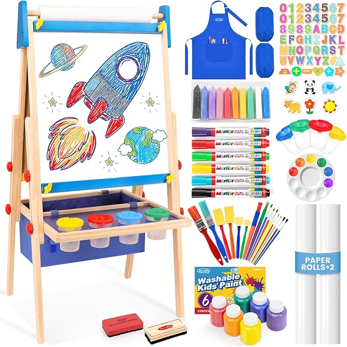 Art Easel for Kids Easel for Toddlers, Adjustable Wooden Kids Drawing Easel with Magnetic Whiteboard & Chalkboard, Kids Dry Erase Board, Easel for Kids Ages 3 4-8 9-12, Blue w/Bag
