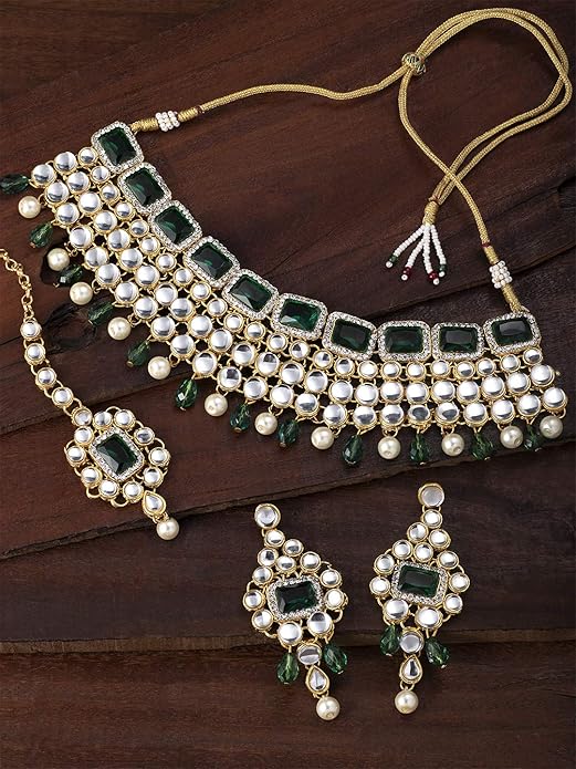 Aheli Kundan and Simulated Colored Stones Indian Ethnic Maang Tikka Necklace and Earrings Set Bollywood Festive Statement Jewelry Gift for Women