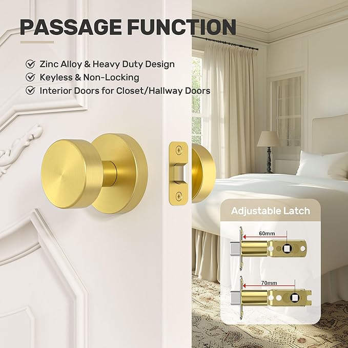Passage Door Knobs Interior, Brushed Gold Door Knob for Closet, Brushed Brass Door Knob for Hallway, Heavy Duty Modern Round Door Handle
