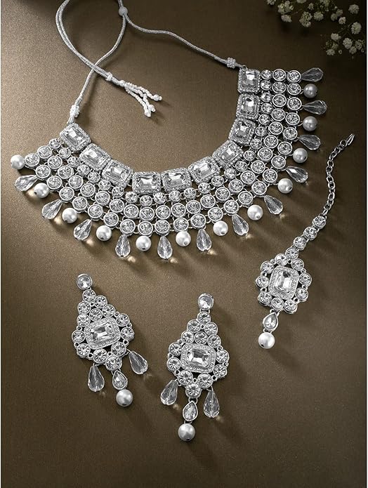 Aheli Kundan and Simulated Colored Stones Indian Ethnic Maang Tikka Necklace and Earrings Set Bollywood Festive Statement Jewelry Gift for Women