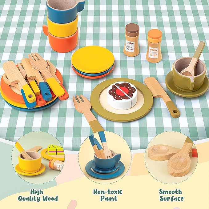 30 PCS Wooden Play Dishes and Plates for Kids, Montessori Wooden Kitchen Accessories Tableware Set Toys for Toddler Gifts, Pretend Play Food Sets for Children Birthday 3 4 5 6 Boys Girls
