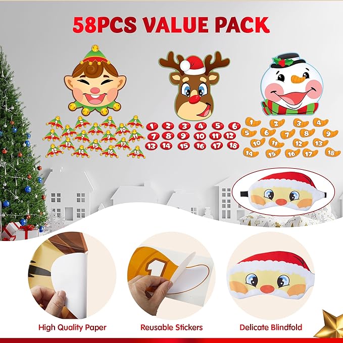 JOYIN 3 Christmas Pin the Tail Games for Christmas Party, Pin the Hat on Elf, Pin the Nose on Reindeer, Pin the Carrot on Snowman Game Pack with Christmas Blindfold. Christmas Party Game and Accessory