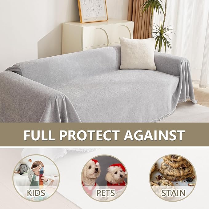 MYSKY HOME Sofa Cover for Dogs Washable for Sofa Boho Couch Cover Cover for Sofa Couch Cover Blanket Couch Cover Thick Durable Sectional Couch Covers Furniture Protector, 91"x 150", Light Gery