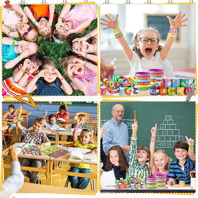 JUNEBRUSHS 100 Days of School Silicone Slap Bracelets, 50 Pcs Rubber Bracelets Snap Wristbands Happy 100th Day of School Party Favors Supplies Classroom Student Rewards