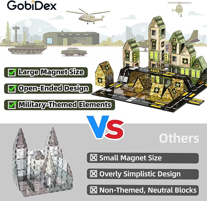 GobiDex 100 PCS Magnetic Tiles Army Toys for Boys, Magnetic Building Blocks Army Men Playset, STEM Learning Construction Toys for Toddlers Kids Ages 3-5 4-8, Birthday Gifts for Boys Girls 3+ Years Old