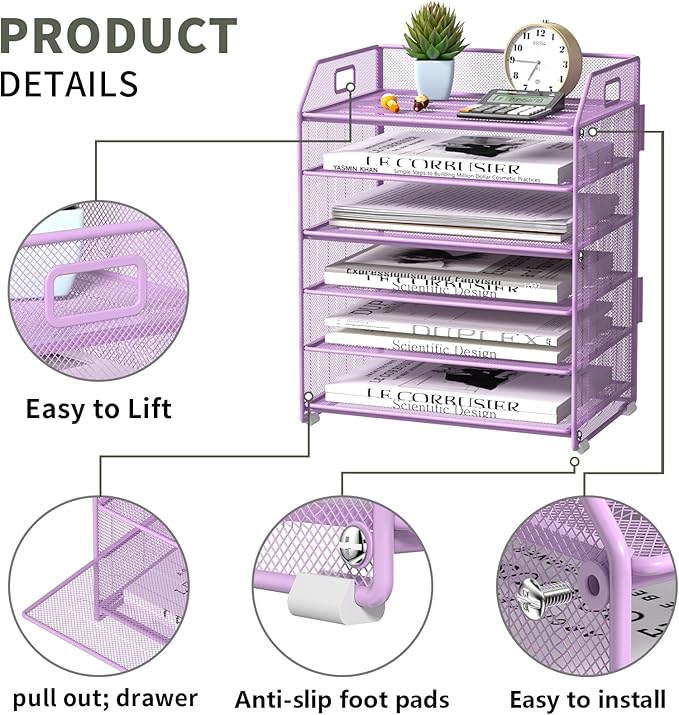 6 Tier Desk Organizer, Heavy-Duty Thick Metal Letter Tray Organizer, Large Capacity Desktop File Organizer for Heavy Files, Easy to Assemble for Home, Office & Classroom,Black,Purple