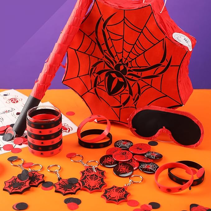 Leyndo 89 Pcs Spider Party Favors for Birthday, Includes Spider Piñata with Blindfold and Stick, 11.8"x11.8", 12 Keychains, 12 Wristbands, 12 Badges, 50 Stickers for Spider Birthday Party Decor