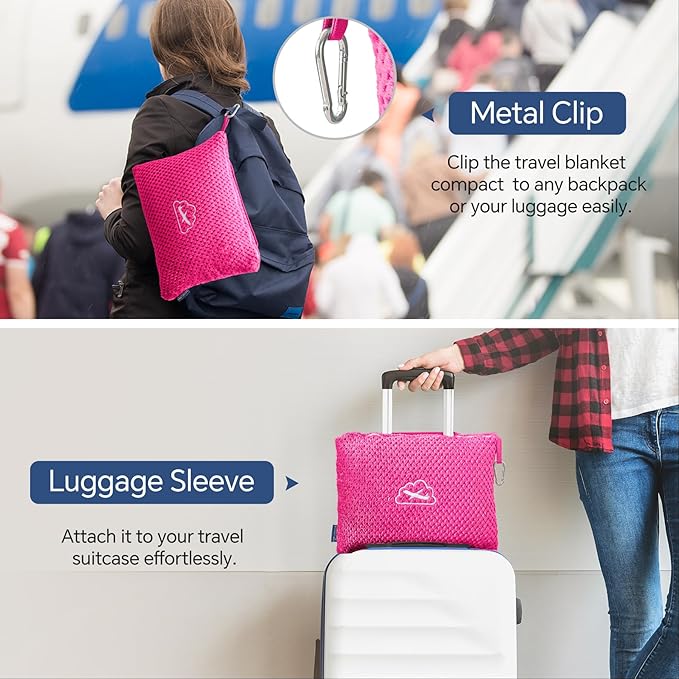 BEDELITE Travel Blanket with Bag, Ultra-Soft Jacquard Fleece Blanket with Luggage Sleeve & Backpack Clip, Airplane Blanket Travel Essentials, Hot Pink