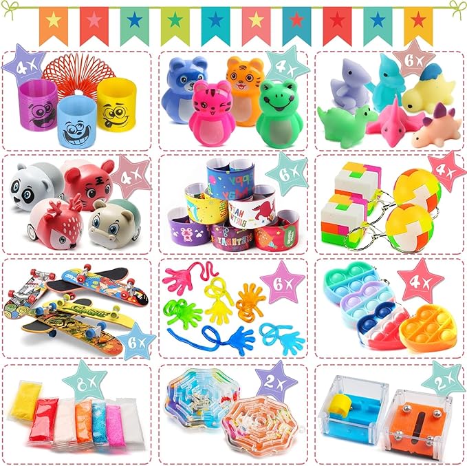 56 Pcs Party Favors Toys for Kids 4-8 8-12 3-5, Treasure Chest Box Toys Classroom Carnival Prizes Small Bulk Pop Fidget Toys Pack Pinata Stuffers Birthday Gifts Goodie Goody Candy Bags Fillers