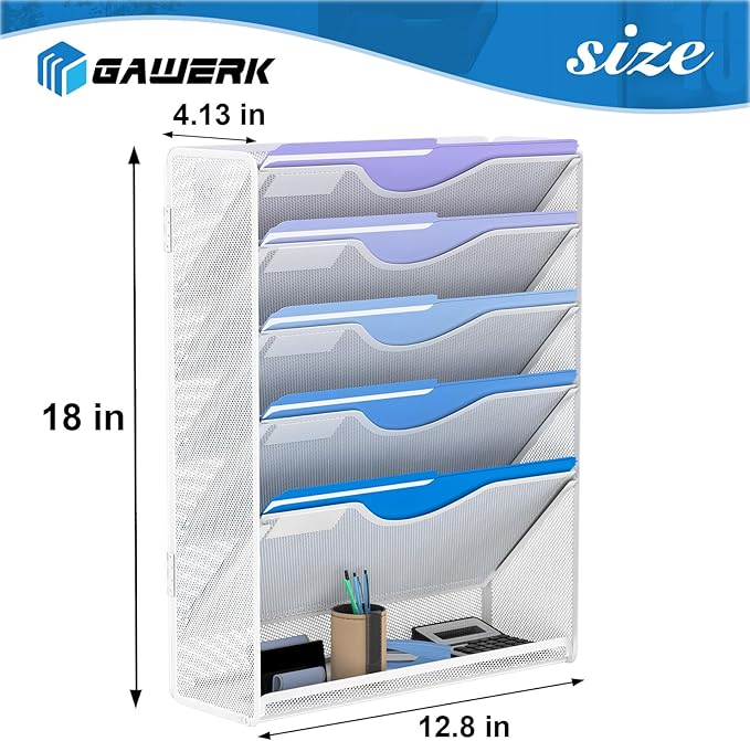 6 Tier Hanging File Organizer, Mesh Wall File Holder Paper Folder Rack with Bottom Flat Tray for Office Home, White