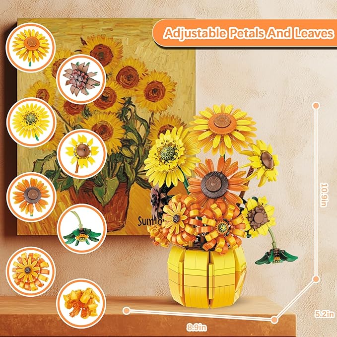 Flowers Sunflower Building Sets for Adults, Van Gogh Prints Art Botanical Collection for Woman Girls 14+, Artificial Pot Bouquet Plants Kits, Home Decor/Christmas/Valentine/Thanksgiving Birthday Gifts