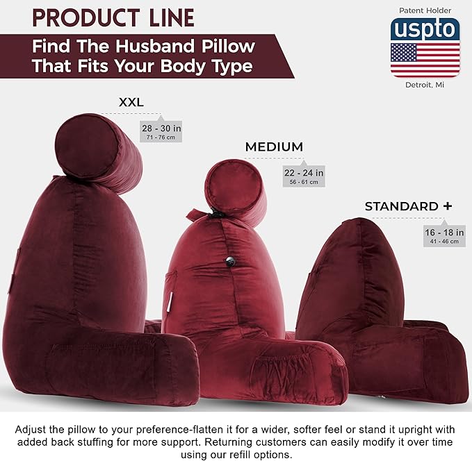 Husband Pillow Aspen Arizona Maroon, Reading Pillow Bed Rest Chair, Two-Sided Reversible Fabric, Large Lounge Cushion Adult Backrest with Arms, Comfy Back Support for Sit Sitting Up, Wash/Remove Cover