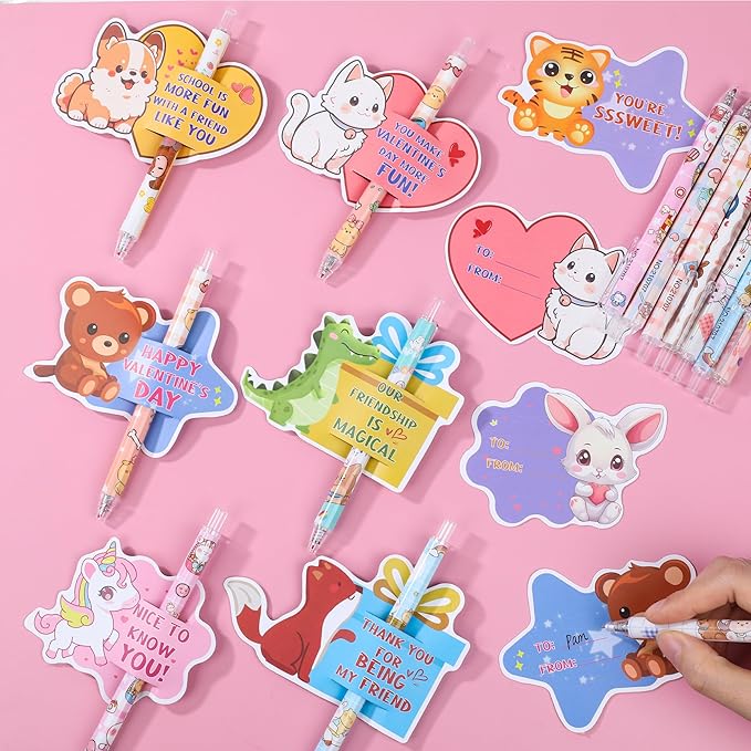 24 Pack Valentines Day Gifts for Kids, Valentine Cards for Kids Classroom School with Pens, Valentine Greeting Cards Bulk Goodie Bag for Boy Girl Valentine Party Favors Exchange Gift Class Prizes
