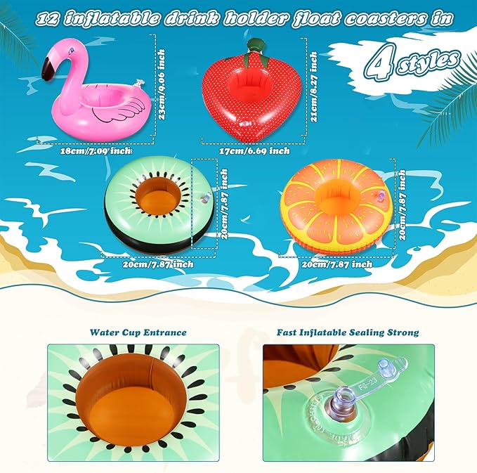 159 Pcs Hawaiian Luau Party Favors Inflatable Drink Holder Float Coaster Set Straws Sunglass Stamper Slap Bracelet Keychain Ring Sticker for Pool Beach/ Hawaiian /Luau /Birthday Decorations