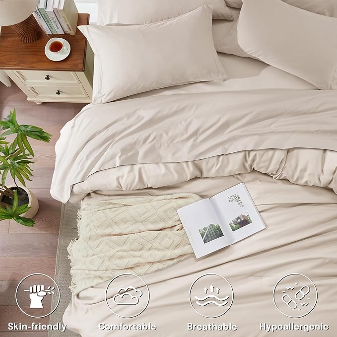 Anluoer Beige King Comforter Set 7 Pieces, Bed in a Bag with Sheets, All Season Bedding Sets with 1 Comforter, 2 Pillow Shams, 2 Pillowcases, 1 Flat Sheet, 1 Fitted Sheet