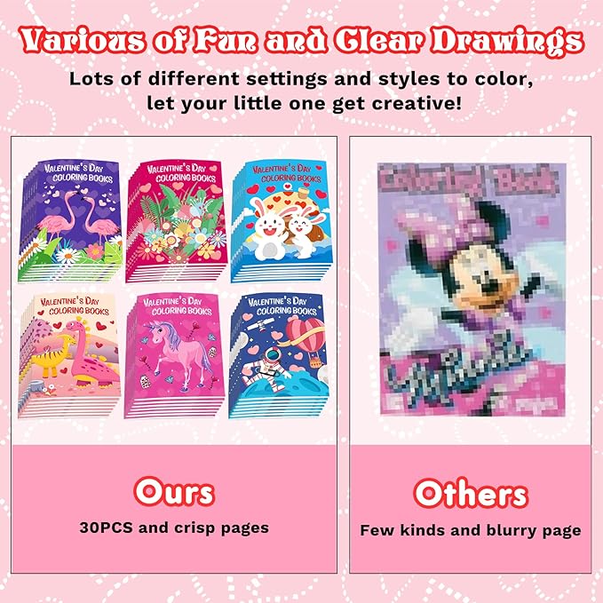 30Pcs Valentines Day Coloring Books for Kids 4-8, 8-12, Valentine's Party Favors Bulk Gifts Includes Dinosaur More Designs Goodie Bags Stuffer for Classroom Activity Supplies Boys Girls