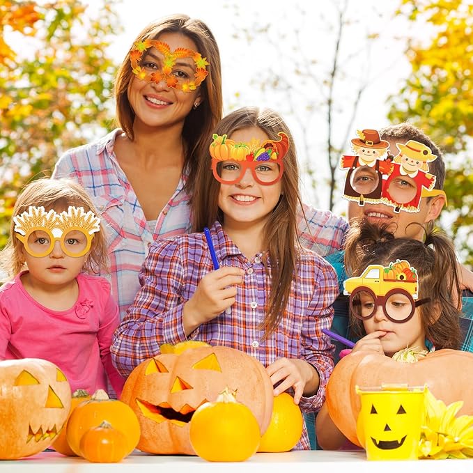 32 Pcs Fall Party Decoration Paper Eyeglasses Autumn Thanksgiving Costume Photo Booth Props Pumpkin Maple Leaf Fall Themed Supplies for Happy Fall Harvest Decorations Thanksgiving Party Favor