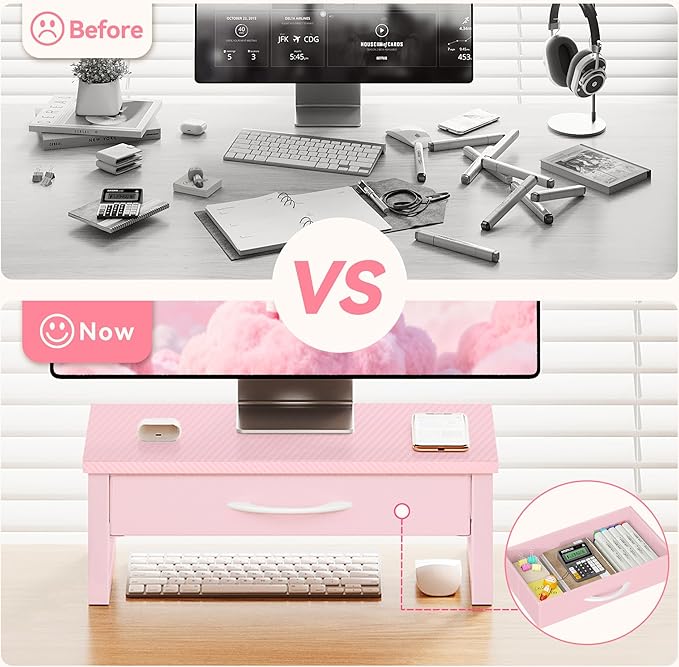 Desk Organizers and Accessories, Computer Monitor Stand Riser with Fabric Drawer, 2-Tier Laptop Stand for Desk, Office Organization Accessories, Pink