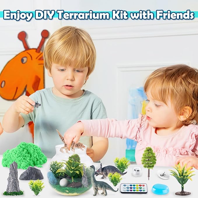 Hollyhi Light Up Terrarium Kit for Kids, DIY Dinosaur Toys for 3 4 5 6 7 8 9 10 11 12 Year Old Girls Boys, Night Light Dinosaur Terrarium Kit Arts and Crafts for Girls, Kids Christmas Birthday Gifts