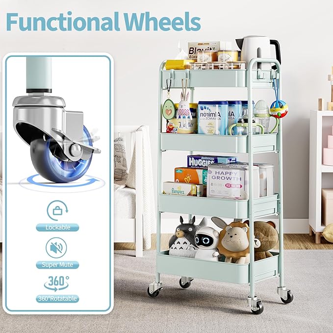 TOOLF 4-Tier Metal Rolling Cart with Wheels, Storage Utility Organizer Cart for Kitchen, Bathroom, Office, Baby Essentials & Makeup - Lockable Casters, Easy Assembly, Large Capacity, Green
