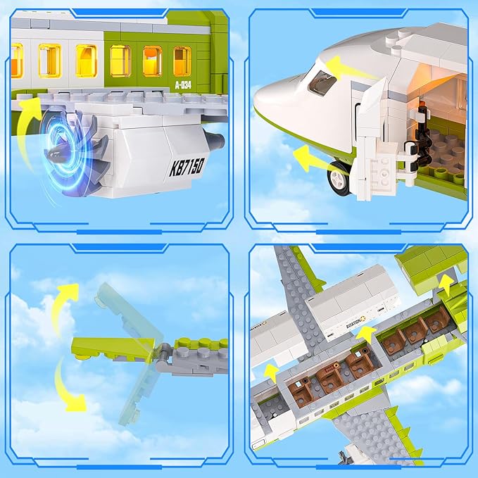 3 in 1 City Passenger Airplane Building Sets with LED Light, 684 PCS Toy Plane Building Blocks with Airport Terminal, Luggage Cart, Aircraft Tug Model Plane Toys for Kids 6-12+