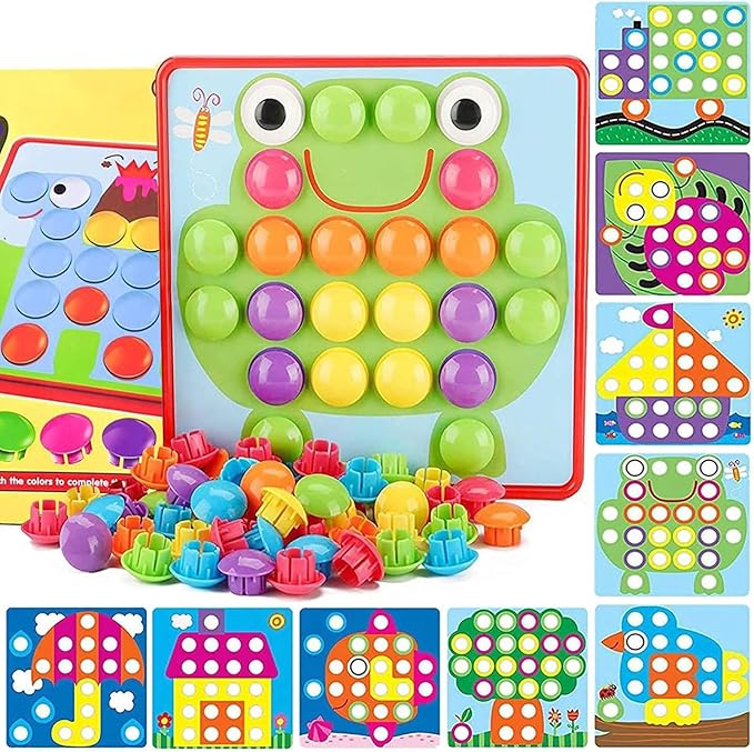 58 Pcs Button Art Toys for Toddlers,Color Matching Mosaic Pegboard for Toddlers,Early Learning Educational Toys Toddler Activities,Include 12 Pictures and 46 Buttons with Box