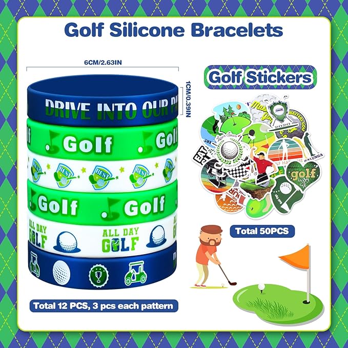 122Pcs Golf Party Favors Golf Goodie Bags Items with Stress Ball Keychain Sticker Badges Silicone Bracelet for Golf Birthday Party Decorations