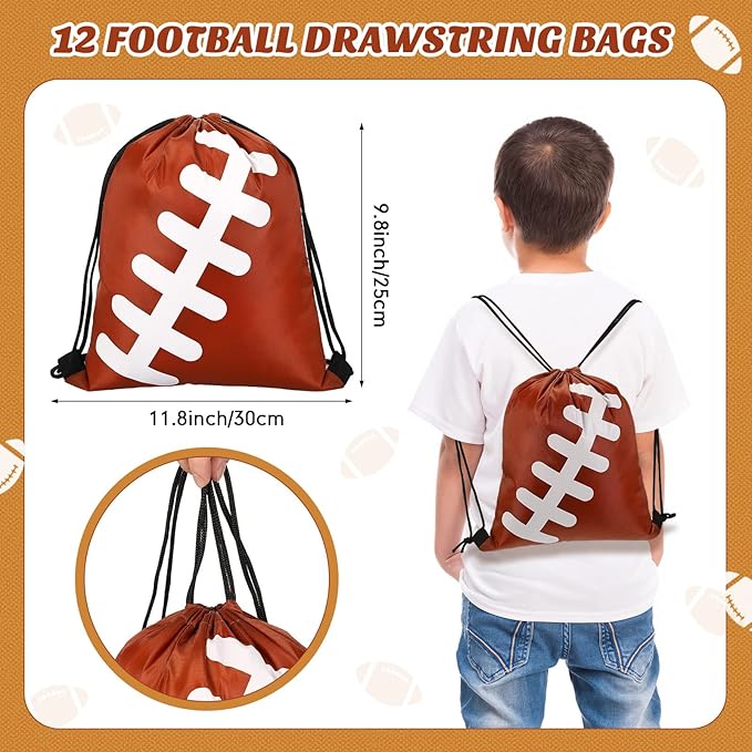 LEIFIDE 48 Pcs Basketball Soccer Football Baseball Party Favors Supplies 12 Silicone Bracelet 12 Drawstring Treat Bag 12 Mini Stress Ball 12 Keychains for Birthday Sports Party Supplies (Football)
