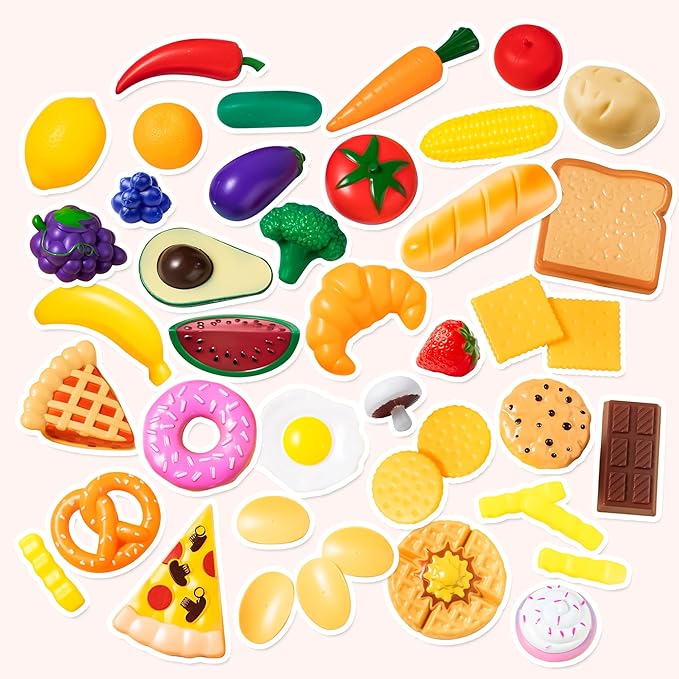 Joyin 50 Piece Set of Kitchen Toys, Dinnerware, Dummy Fruits, Vegetables, Plastic Accessories for Children Educational Learning Toy, Role Play Gift
