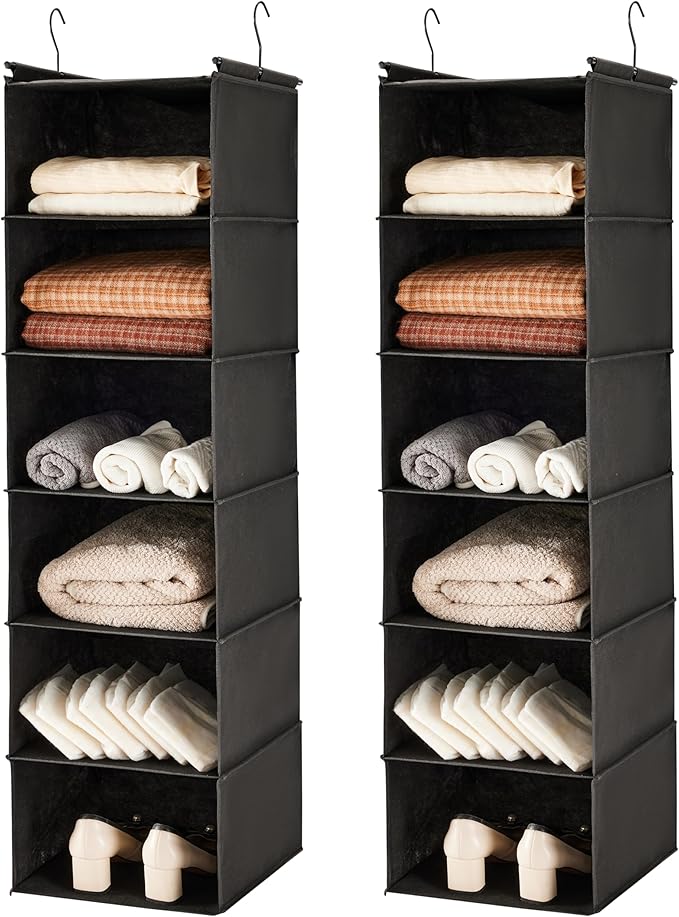 MAX Houser 6 Tier Shelf Hanging Closet Organizer, Closet Hanging Shelf with 2 Sturdy Hooks for Storage, 2 Pack, Foldable (Black)