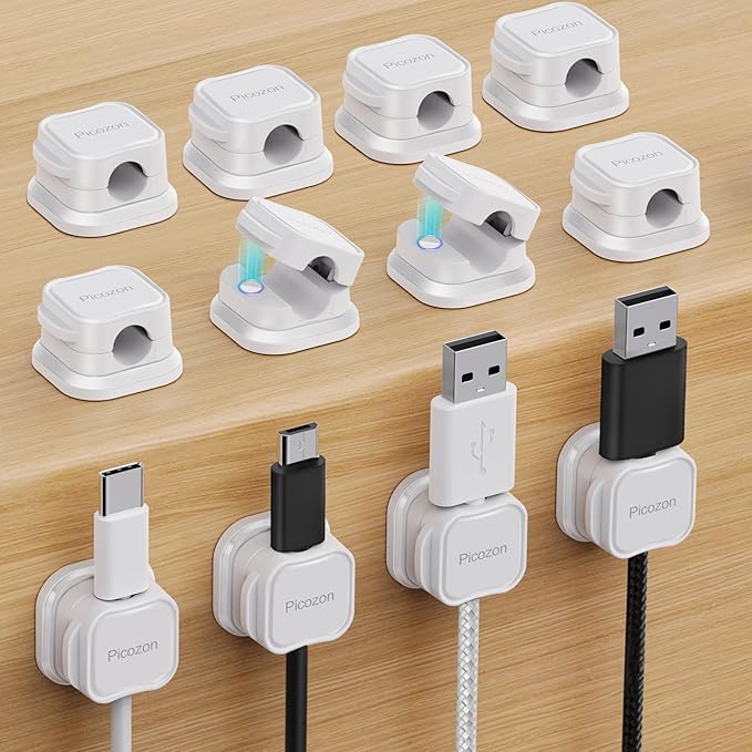 12 Pack Magnetic Cable Clip Organizer Cord Holder, Picozon Adhesive Cable Management, Wire Phone USB Charger Cable Holder, Keeper Organizer for Office Home Desktop Table - White