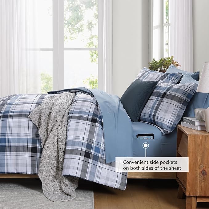 MaiRêve Twin XL Size Plaid Comforter Set Lake Blue, Classic 5 Pieces Farmhouse Bedding Set, All Season Lightweight Bed in A Bag with Sheets, Pillowcase & Sham