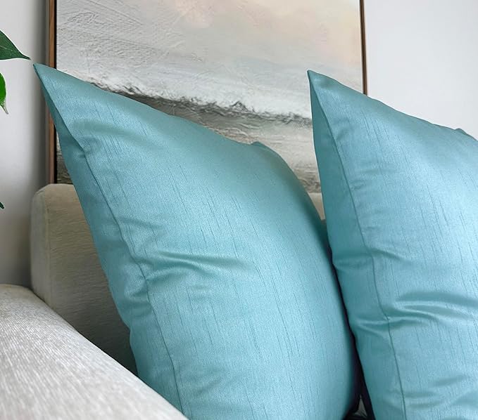 Aiking Home 20x20 Inches Faux Silk Square Throw Pillow Cover, Zipper Closure, Aqua (Set of 2)