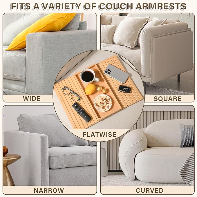 Bamboo Sofa Arm Tray, Anti-Dropping Couch Arm Tray, Foldable Sofa Armrest Tray Couch Arm Table for Eats, Drinks, Snacks, Remote, Cellphone, Cup Holder, Back Anti-Slip Pad Design
