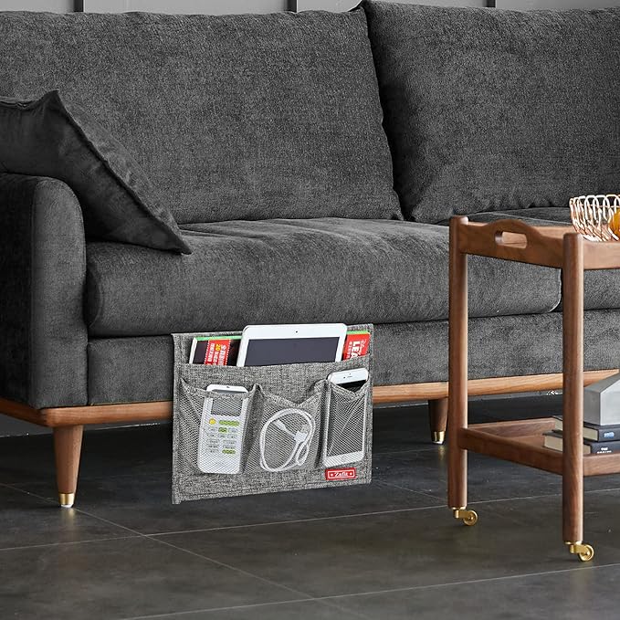 Zafit Linen 4 Pockets Bedside Caddy, Bedside Storage Organizer for Magazine, Remotes, Phone (Classic Grey)