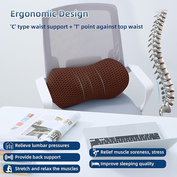 Lumbar Pillow, Memory Foam Lumbar Support Pillow for Office Chair and Car Seat, Ergonomic Streamline Back Pillow for Lower Back Pain Relief, Back Support Pillow for Sitting, Driving, Traveling
