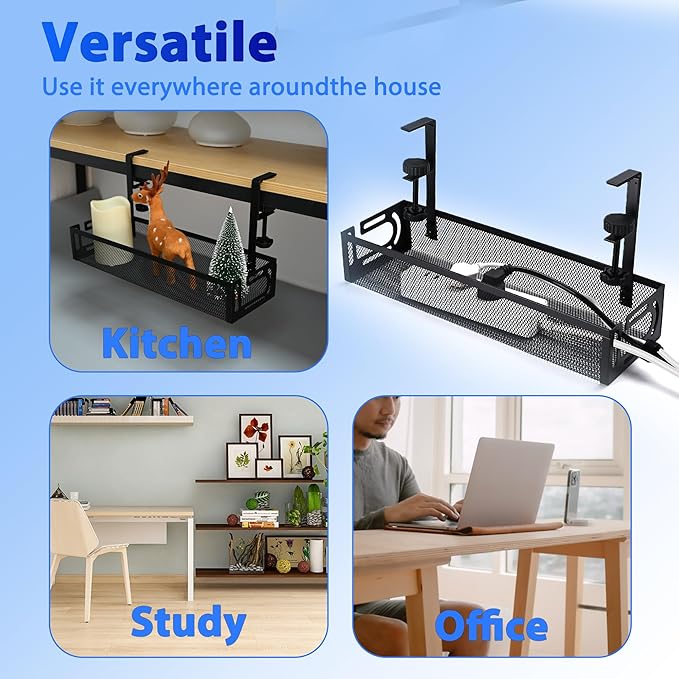 Under Desk Cable Management Tray Small – Clamp-Mounted Wire Organizer & Cord Management Under Desk Rack, No-Drill Metal Cable Organizer for Home Office (Black)