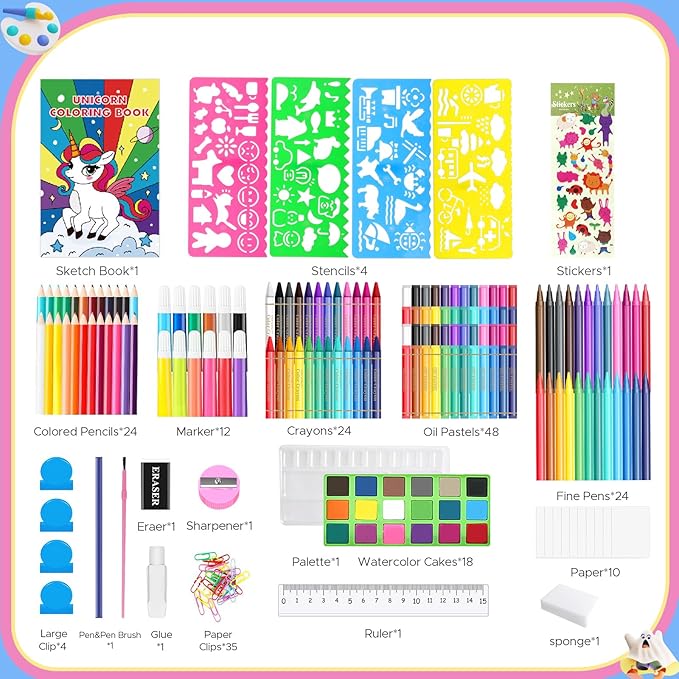 homicozy Art Supplies for Kids,Drawing Kits Unicorn Art Case Coloring Set with Double Sided Trifold Easel,Crayon,Colored Pencil,Marker,Coloring Book,Stencil,Sticker,Drawing Stuffs Gifts for Girls 4-12