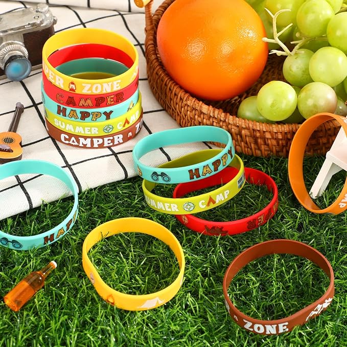 JUNEBRUSHS 42pcs Camping Party Favors Silicone Bracelets Summer Camping Theme Rubber Wristbands Accessories for Adults Camping Adventure Birthday Party Decorations Gift Supplies