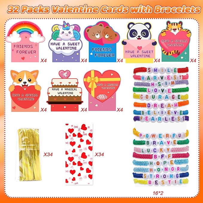 32Pack Valentines Day Gifts for Kids Classroom, Valentines Cards with Friendship Bracelets Goodie Bag, Girls Boys Students Valentine Greeting Cards Bracelets School Prizes Exchange Gifts Party Favors