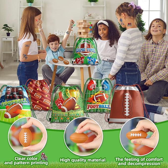 60pcs Football Party Favors, Football Goodie Bags Football Gift Bags Stuffers for Boys Includes Drawstring Bags Bracelet Keychain Tattoo Stickers Mini Football for Football Birthday Party Supplies