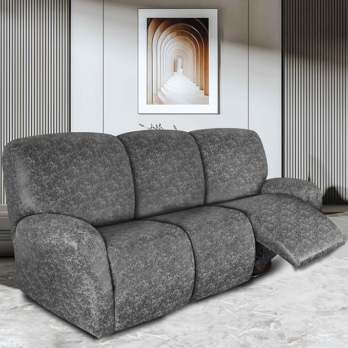 Leather Look Recliner Couch Cover 8-Piece Recliner Sofa Slipcovers 3 Seater for Reclining Couches Furniture Protector Spandex Fabric Washable (3 Seater, Light Grey)