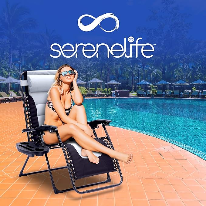 SereneLife Outdoor Adjustable Zero Gravity Lounge Chair Recliner with Foldable Design, Side Table, Cup Holder, Padded Headrest, Weather-Resistant Steel Frame, Breathable Fabric Gray and Black