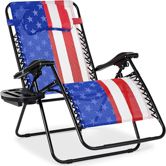 Best Choice Products Oversized Zero Gravity Chair, Folding Outdoor Patio Lounge Recliner w/Cup Holder Accessory Tray, Pillow - American Flag