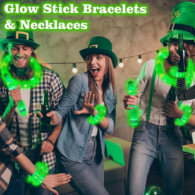 24 PCS Green Glow Sticks St Patricks Day Party Favors for Kids, LED Light up Pop Tubes for Toddlers, Neon Necklaces Bracelets Accessories, Glow Birthday Dance Wedding Mardi Gras Party Supplies