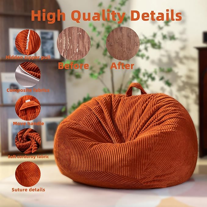 Large Stuffed Animal Storage Bean Bag Chair （No Filler）, 3 ft Giant Heavy Soft Corduroy Bean Bag Cover for Kids Teens & Adults，Round Fluffy Sofa for Home Living Room Bedroom College Dorm