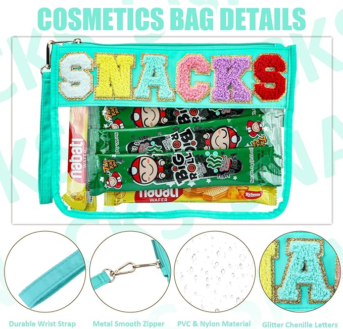 BuyCard 2 Pcs Snacks Bag Gifts Cosmetic Makeup Bag with Chenille Letter Patch, Clear Pouch PVC Organizer Purse, Waterproof Travel Bag, Portable Toiletry Storage Bag for Her Girls Friends Women